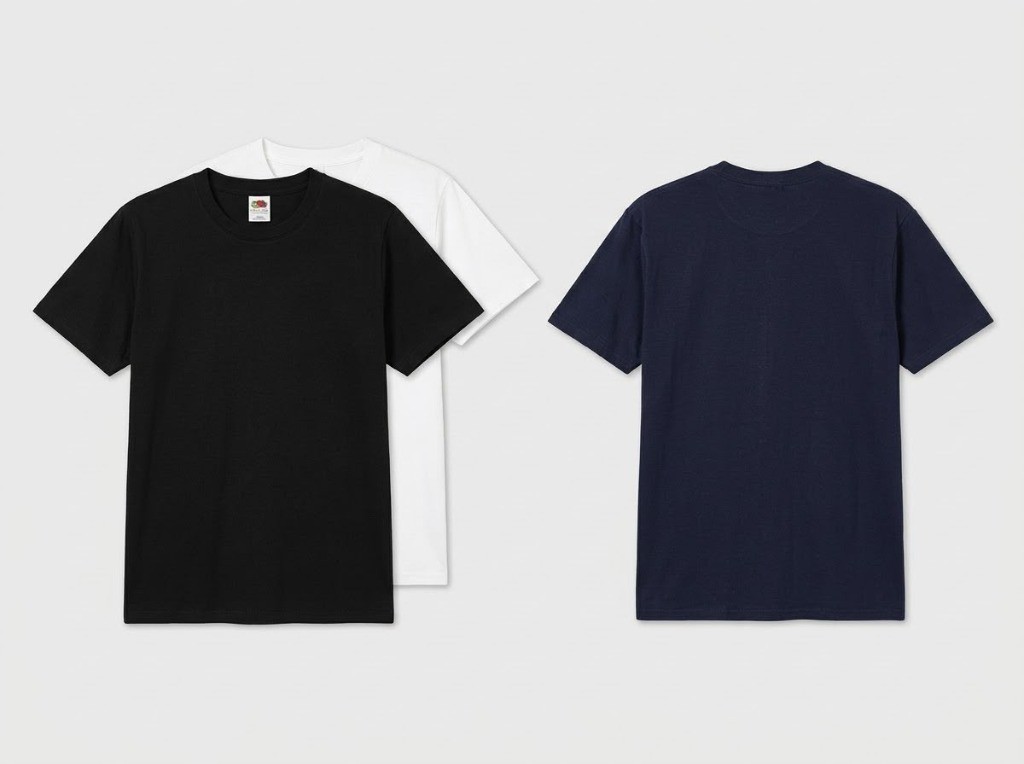 Camisetas negra, blanca y azul marino delantera y trasera
