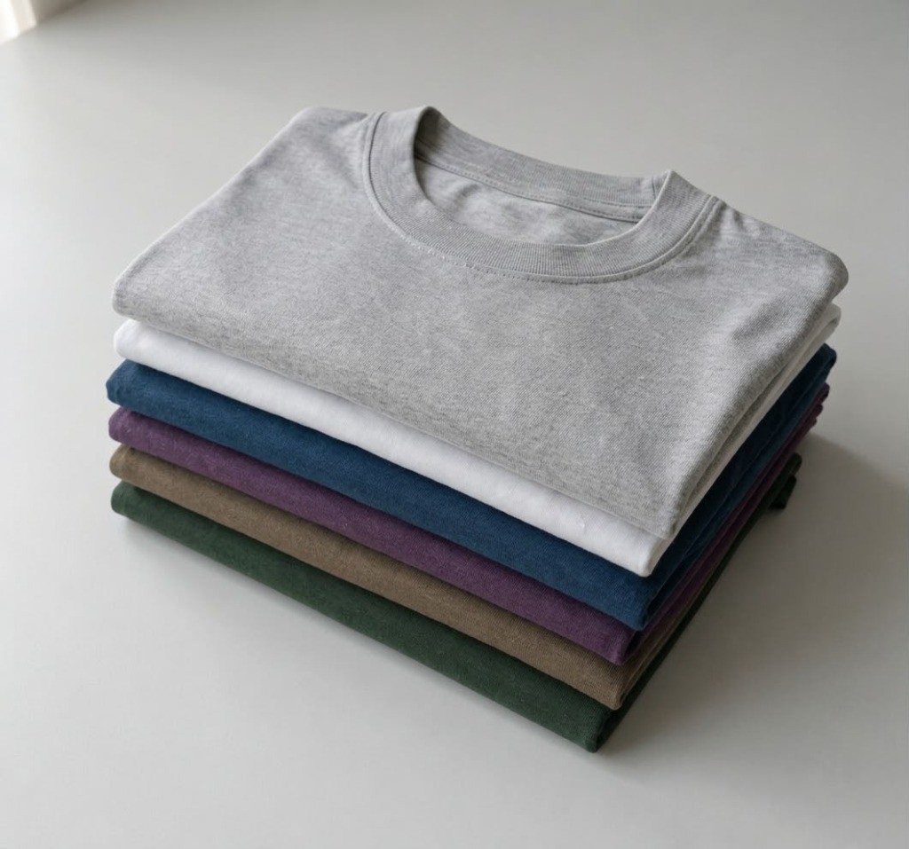 Pila de camisetas de colores neutros dobladas