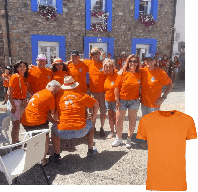 Grupo con camisetas personalizadas naranjas para eventos y celebraciones