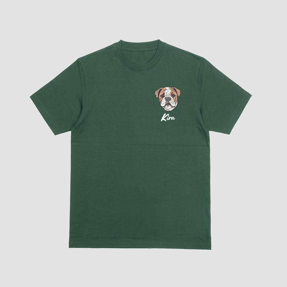 Camiseta verde personalizada con dibujo de bulldog y nombre Kira