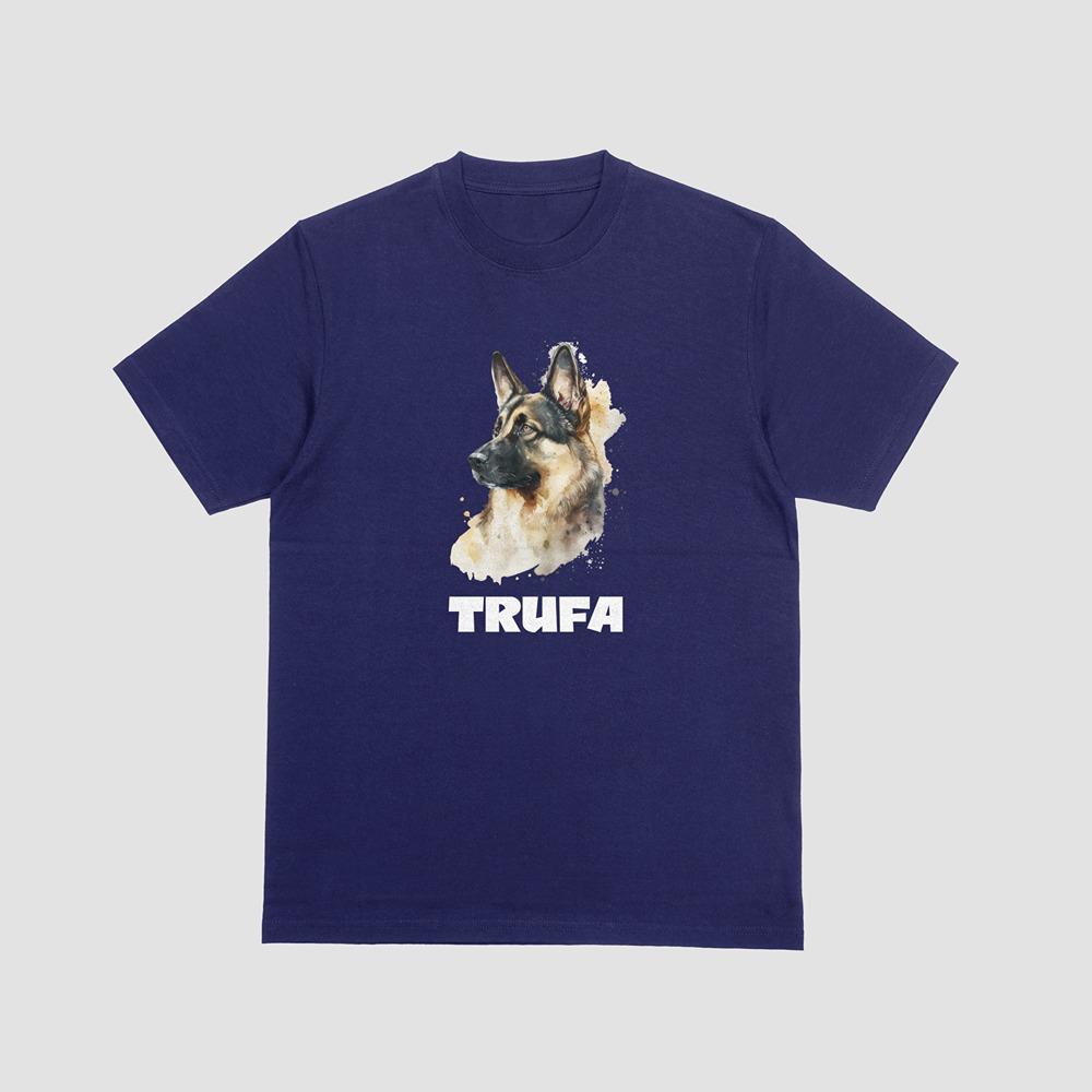 Camiseta azul personalizada con imagen de perro y nombre Trufa