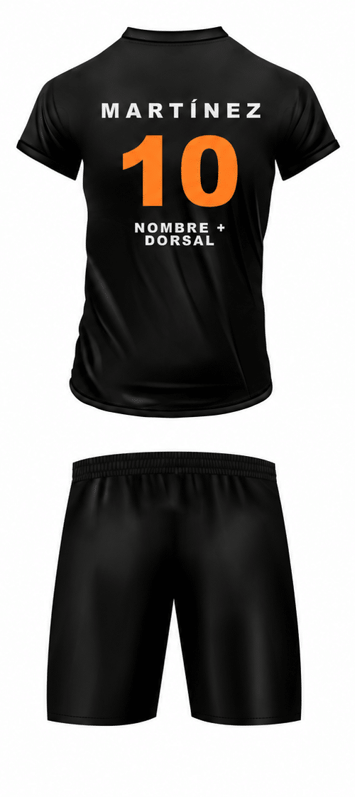 Espalda de equipación negra de fútbol personalizada con nombre y dorsal