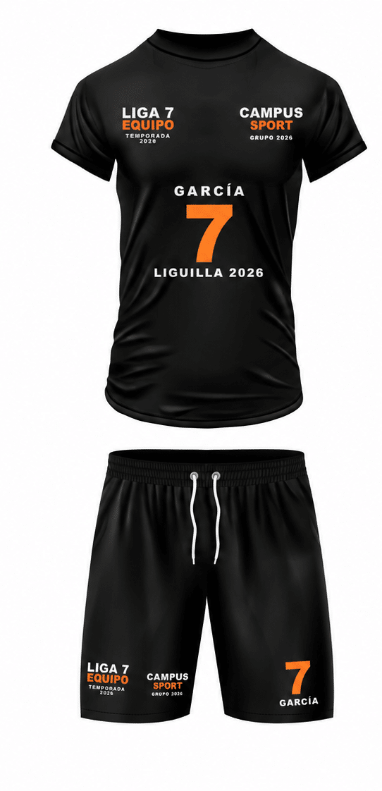 Frontal de equipación negra de fútbol personalizada con camiseta y pantalón