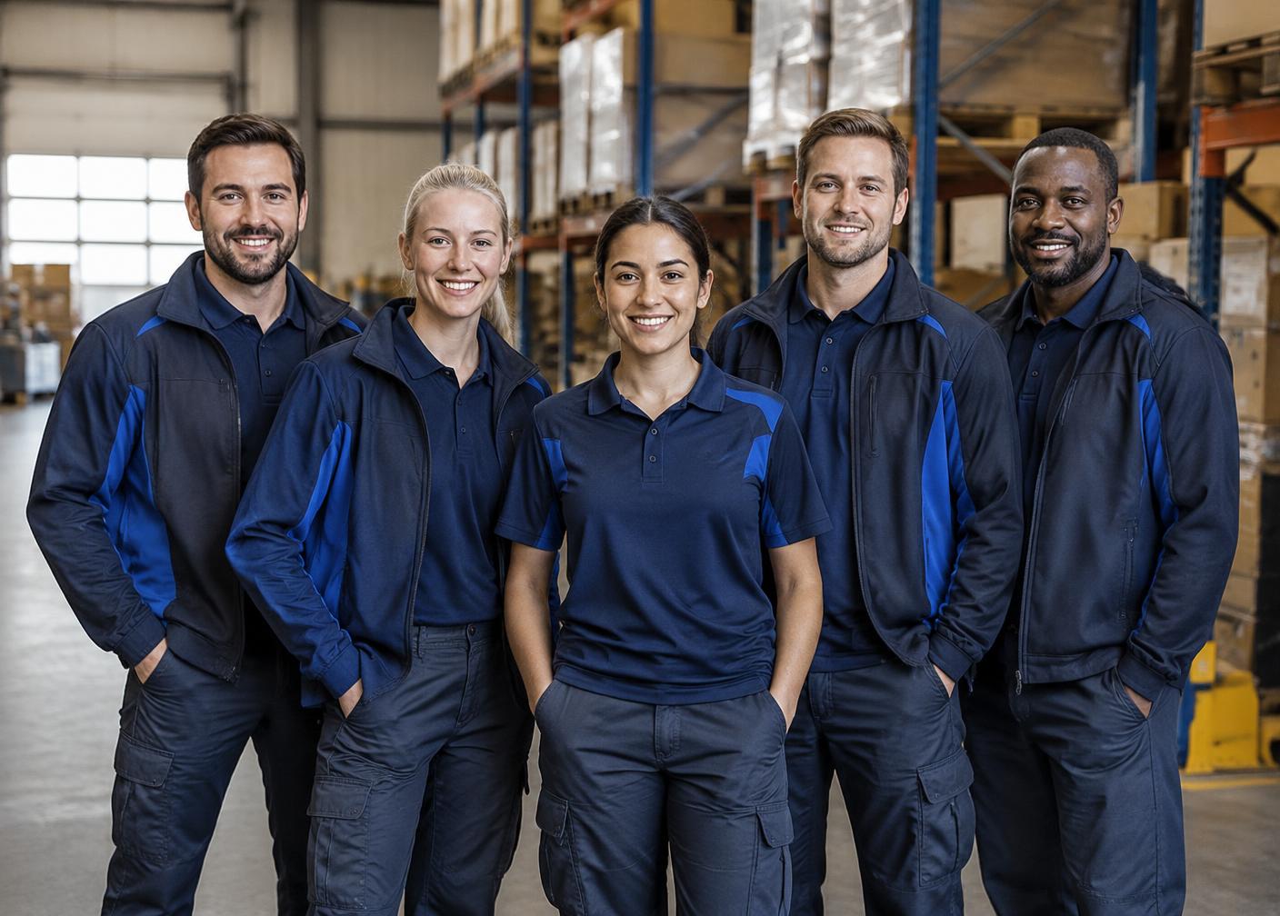 Equipo de trabajadores con ropa laboral y polos personalizados