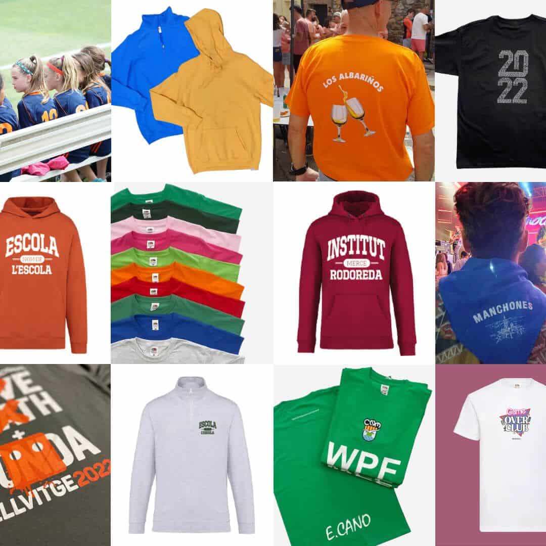 Collage de camisetas y sudaderas personalizadas para grupos