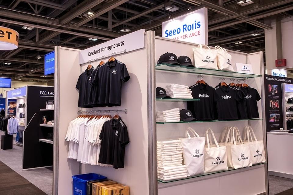 Estand de feria con merchandising textil